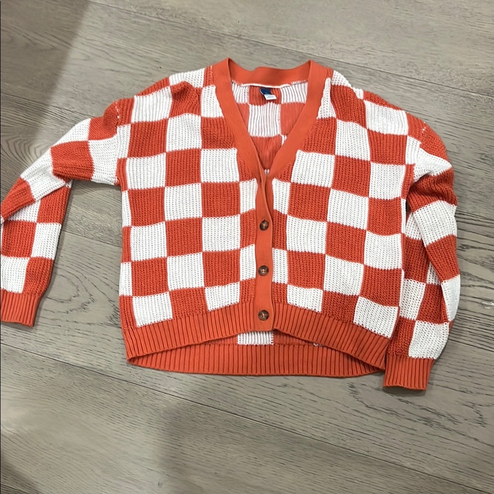 Checkered Orange and White Cardigan